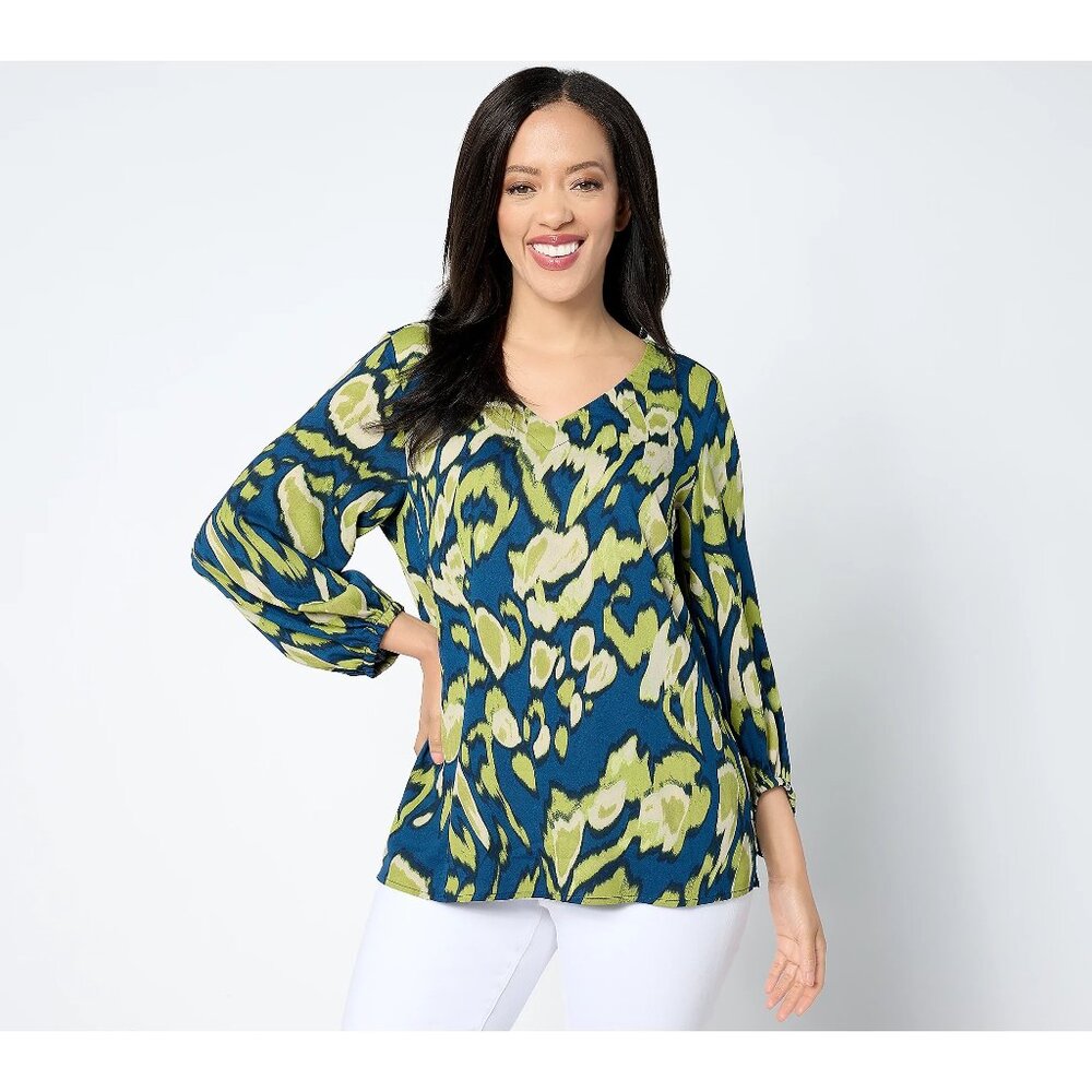 Belle by Kim Gravel Wild Side Drama Sleeve Blouse Womens XXS Indigo Green NEW